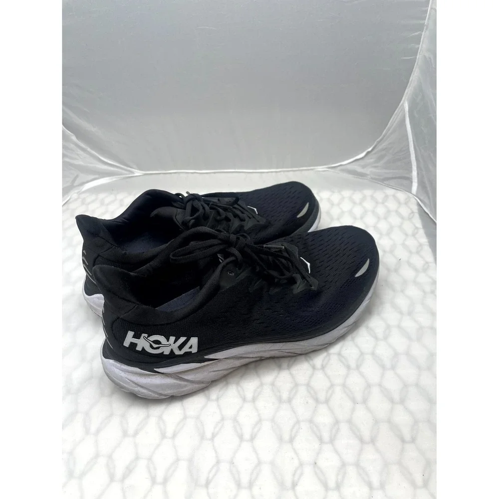 HOKA One One Clifton 8‎ Sneakers Mens US 10.5 Black White Knit Running Shoes